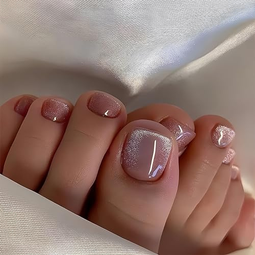 Glitzernde künstliche Zehennägel zum Aufkleben, kurze, quadratische Zehennägel mit nudefarbenem Glitzerdesign, sommerlich glänzend, für Frauen und Mädchen, Zehennageldekoration, 24 Stück