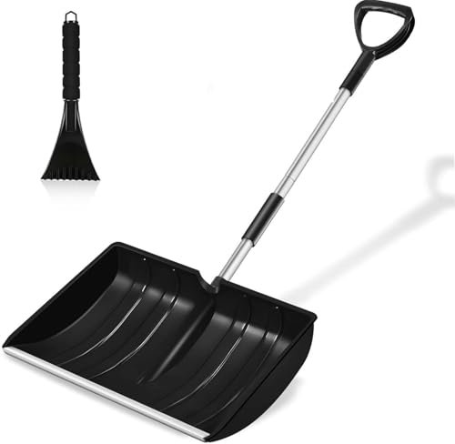 Hmseng Grande pala da neve, super leggero, regolabile, pala da neve, bordo in alluminio, manico in alluminio con impugnatura D, colore nero