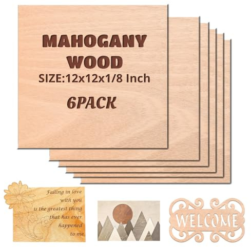 Uadme Sperrholzplatte 3mm, 6 Stück 300x300x3mm Sperrholz Mahagoni, Laser Leimholzplatte Unbehandeltes Holz für Laser Gravur, CNC Schneiden, Malerei, DIY Modell, Weihnachtsdeko