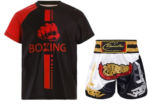 Runhomal Enfant Garçons Short de Boxe MMA Kickboxing Combat Arts Martiaux Entraînement Compétition Ensemble de Sport 5-16 Ans Rouge Blanc Noir 9-10 Ans