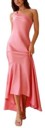 Pink,S,cffvdiz Sexig Satin Silk Maxi klänning för kvinnor en axel rygglösa remmar Slim Fishtail Hem Bröllop Gästklänningar
