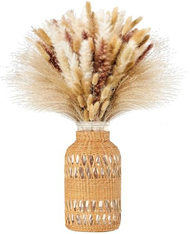 QUTHZZHY Rustikale Vasen, Handmade Gewebter Vase, Boho Glasvase mit Rattan Hand Weaving Boho Vasen Blumenvase in Landhausstil Für Blumenarrangements Heimdekoration