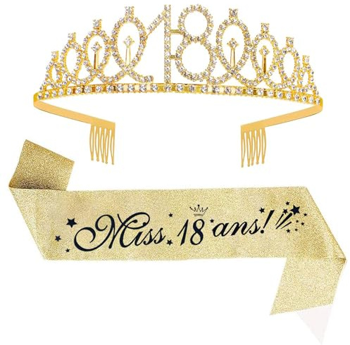 jenich (2 pcs) 18 Ans Femme Couronne 18 Ans Anniversaire Echarpe 18 Ans Diadème Tiare de Couronne 18 Ans Écharpe Happy 18th Birthday Décoration Ensemble d'anniversaire 18 Femmes