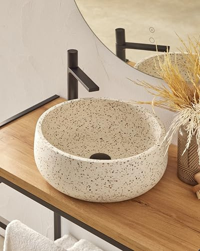 MG Valencia FLORENCIA WHITE MIX Vasque à Poser en Terrazzo. Lavabo Salle de Bain, Vasque Ronde à Poser, Lavabo WC, Sans Trou pour Robinet, Design Minimaliste, LxLxH:39x39x14cm (Blanc Moucheté)