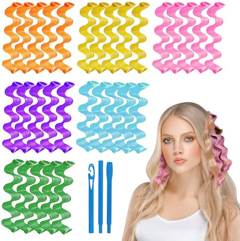 OCCOUMR Lot de 30 bigoudis en spirale pour cheveux longs, kit de coiffage, pas de chaleur, style ondulé, avec 2 crochets de coiffage pour toutes les longueurs de cheveux