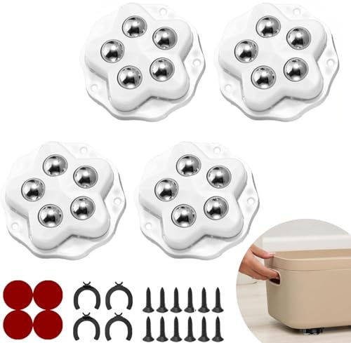 SkyJoy®mini roulettes pour meubles.4 roulettes à 5 billes chacune, capacité 300KG, avec adhésif et vis. Roue mobile universelle 360, roulette de meuble pour charges lourdes (Blanc : 4 Pièces)
