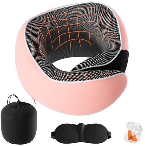 Lavlola Coussin de nuque, coussin de voyage en mousse à mémoire de forme, réglable, avec bouchons d'oreilles, masque pour les yeux (rose)