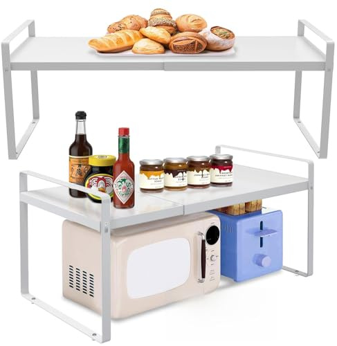 KOMOHOM Adjustable Kitchen Shelf Organizer 9, (2 Pack) Heavy-Duty Cabinet Shelves for Countertop, Pantry & Microwave, Expandable Space-Saving Storage Rack with Non-Slip Pads, White