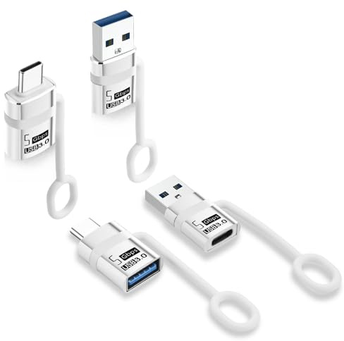 ELUTENG USB C Adapter Set (4 Stück), 5Gbps Typ C Buchse zu A Stecker und USB 3.0 zu Typ C OTG Adaptateur mit Anti Verlust Seil kompatibel mit iPhone 17/16/15 iPad Galaxy S24/S23 Serie Laptops Carplay