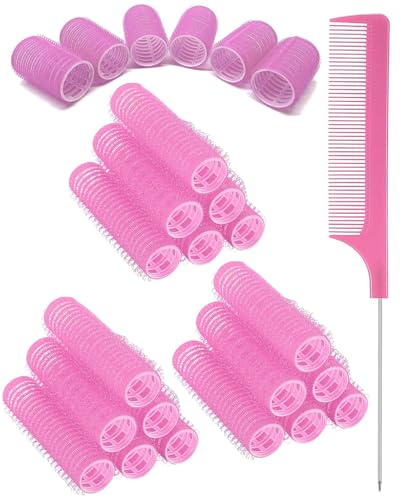 TPZORJX 37 pezzi bigodini manuali per capelli, autoadesivi, per saloni, barbieri, pettini a coda di topo, bigodini per capelli fai da te, con pettini in acciaio con punta a spillo (rosa)