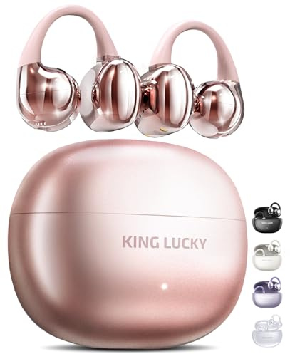 King Lucky i121 Open Ear Wireless Bluetooth 5.4 Clip-on Earbuds with Mic, 50H Playtime, Waterproof, Comfortable for Small Ears&Glasses Wearers, for Workouts (Modern Design, Rose Gold)