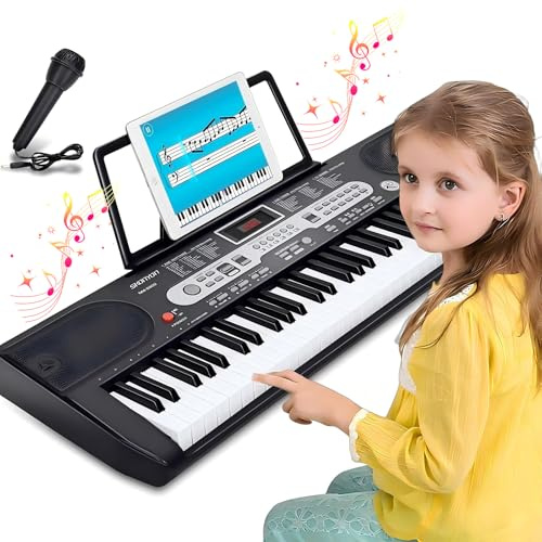 61 Tasten Keyboard Piano für Kinder & Anfänger, Klavier Set mit Mikrofon & Notenablage, Lern-Keyboard Geschenk ab 7 Jahre, Digital Piano Klavierunterricht Lern-Keyboard Geschenk, Schwarz