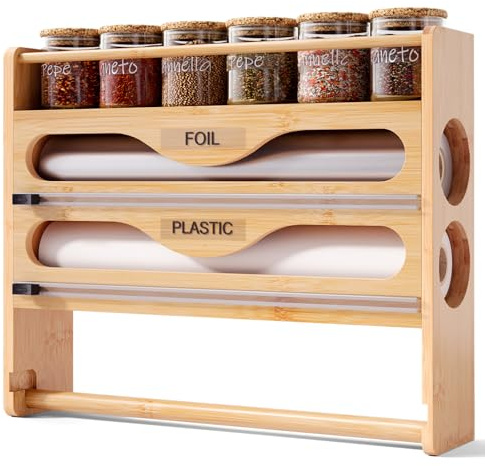 Fibogollo Wrap Dispenser with Cutter and Label,4-in-1 Wall Mounted Bamboo Plastic Wrap Organizer with Spice shelf and Paper Towel Holder for Aluminum Foil,Cling Wrap,Wax,Parchment,Zipper Bag（Natural）