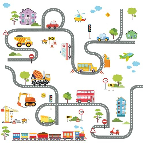 FUFUQUARE Auto Straße Wandaufkleber Cartoon Bau Transporte Fahrzeuge Wandtattoo Schälen und Kleben Abnehmbar für Kinder Kinderzimmer Schlafzimmer Wohnzimmer Spielzimmer