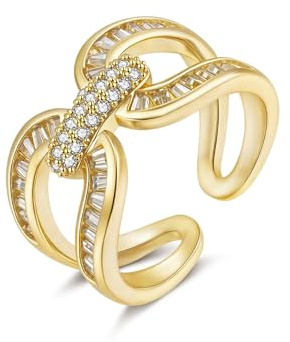 Joo&Rind Bague Femme Or 14 Carats Plaqué Bague Trèfle Adjustable en Zirconium Cadeau Bijou pour Femmes