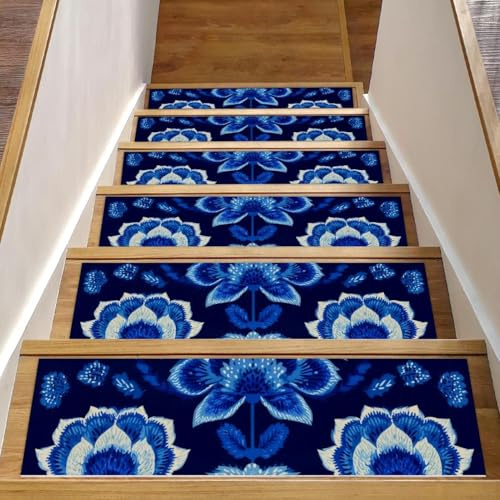 15 gradini per scale da interni con retro antiscivolo, 20,3 x 76,2 cm, per gradini in legno, morbido tappeto per scale per bambini e animali domestici, motivo etnico cachemire ricamato con fiori blu