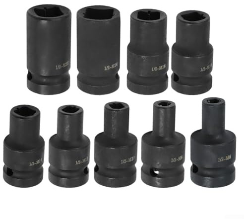Zilimontt Juego de 10 llaves de vaso cuadradas de acero al cromo vanadio de 1/2 pulgada, se adapta a vástagos de grifo M6-M24, compatible con llave de trinquete o destornillador eléctrico, fosfato