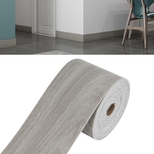 10m Self Adhesive Flexible Skirting Board Cover, 10cm Wide Peel & Stick Wall Moulding Trim, Waterproof PVC Baseboard Strip, Gap Cover Wall Border for Floors, Worktops & Wall Corners (Wood Grain Grey)