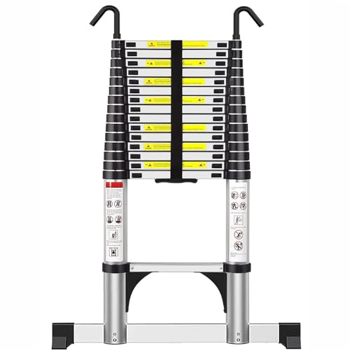 Exleiter Telescoping Ladder 6.2M, Extension Ladder with Hooks and Stabiliser Aluminium Folding Loft Ladder, Adjustable Step, Home Storage, Attic, Maintenance Garden etc, Max Load 150kg/330lb