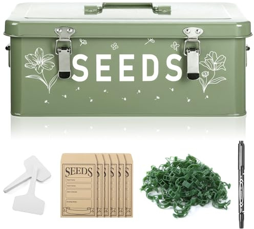 HOMIEE Caja de Almacenamiento de Semillas de Metal con Tapa, Organizador de Almacenamiento con 50 Sobres de Semillas, 100 Etiquetas para Plantas, 50 Clips, Caja con Cerraduras de Seguridad (Verde)