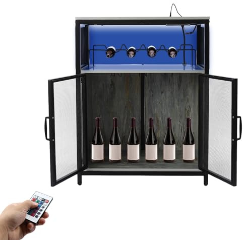 RjcdOPL Wine Bar Cabinet with RGB Light & Power Outlet, Industrial Vintage Freestanding Wine Rack Table, Holds 4 Bottles & 10–12 Glasses, USB Port, Spacious Kitchen Storage Sideboard (Black)
