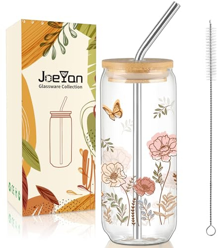 Joeyan 600ml Vasos Bohe de Cristal con Tapa y Pajita,Vasos de Vidrio Diseño Estampado Floral,Bonito Tazas para Batidos,Matcha,Café Helado,Smoothie,Bubble Tea,Cerveza,Cóctel,Regalo Para Amigos Colegas