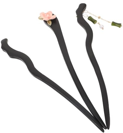 Forcine per Chignon in Legno Nero, 3 Pezzi, Stile Cinese | Motivo Doppio Bambù e Fiore, Design Orientale Vintage, per Eventi Culturali e Incontri Personali