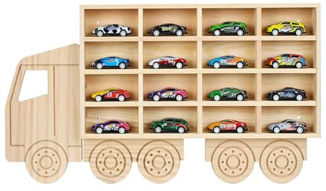 Aitakatta Wooden Display Case for 1:64 Toy Cars, Car Organizer Shelf Holds 16 Diecast Cars for Collectors, Wall-Mounted Car Storage Rack(DH-WD5330)