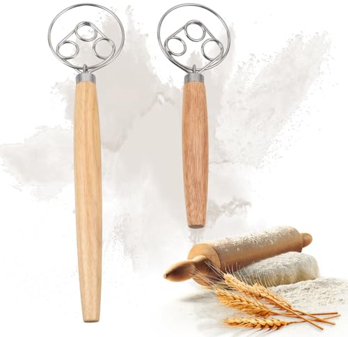 JUNJIEFU 2 Stück Dänischer Schneebesen, Dänischer Teigbesen aus Edelstahl | Teigbesen im niederländischen Stil, Brotteig, Handmixer, Holzgriff, Küchenbackwerkzeuge