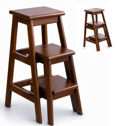 Escabeau Pliable À 3 Marches en Bois Tabouret Échelle 3 en 1, Pédales Antidérapantes Agrandies Compartiment De Rangement Multifonctionnel Support À Fleurs pour Cuisine Bibliothèque Garage Escabeau