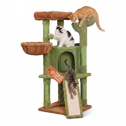 Avilia - Albero Tiragraffi per Gatti a Forma di Cactus 106,5 cm - Torre Tiragraffi in Sisal Naturale con Casetta, Cuccia a Cestino e Pallina Gioco - Design Moderno Verde e Marrone