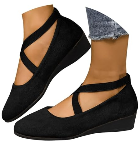 ziubauyke Women's Ballet Flats Closed Toe Crisscross Strap Wedge Shoes Comfy Summer Wide Fit Sole Stretchy Ankle Ballerina Ladies Comfy Dress Elegant Slip-On Pump Shoes Size 4-7.5