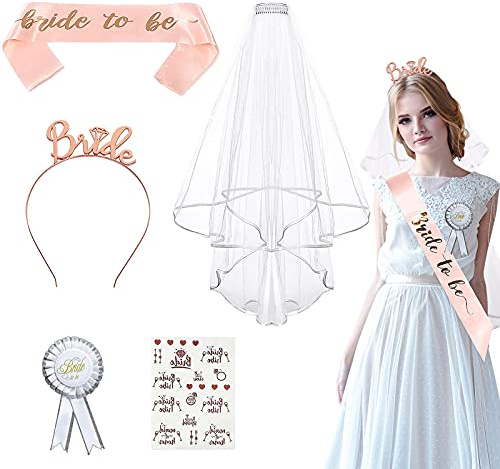 JGA Deko Accessoires 5 Stück,JGA Accessoires Frauen,Bride to Be Accessoires Dekoration mit Braut Schärpe Tattoos für Braut to be Weißer Schleier Haarreif,Perfekt für JGA Junggesellinnenabschied