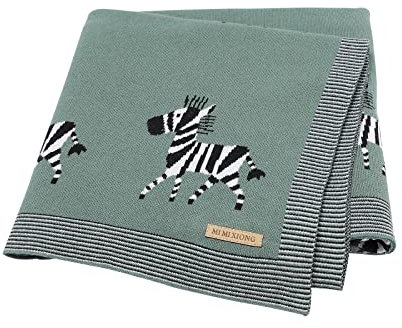 DovFanny Baby Blanket 100% Cotton Knitted Soft Blanket for Newbron with Lovely Zebra, 100 x 80cm Dark Green