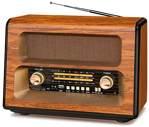 PRUNUS J-199 Large Vintage Radio Bluetooth, AM FM Radio Shortwave, 15W Crystal Speaker, Support AUX/TF Card/USB Playing, AC Charging, Rechargeable Battery and Battery Operated Radios, MIC Recording