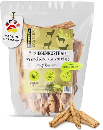 FAVLY Ziegenkopfhaut 600g für Hunde, Kauartikel hypoallergen | Luftgetrockneter Naturkausnack ohne Zusätze, für Allergiker geeignet, unterstützt die Zahnreinigung, aus Deutschland
