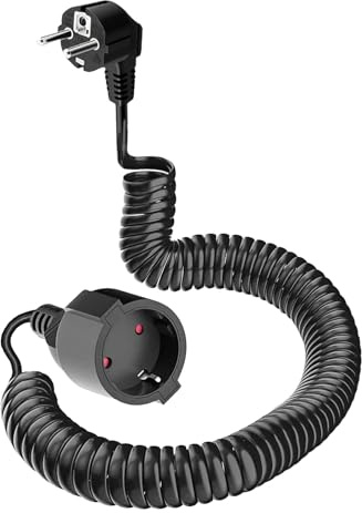 Schutzkontakt-Spiralverlängerung, 0,8 m auf 2m dehnbares Spiral-Kabel mit Schutzkontaktwickelstecker & Schutzkontaktkupplung, (230V/16A) PVC Verlängerungskabel, IP20, schwarz