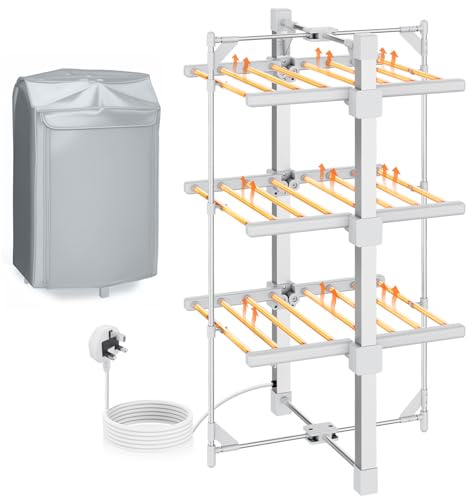 E-SMARTER Electric Heated Clothes Airer, 3 Tier Dryer Rack with 24 Heated Bars, Indoor Dryer with Zip Up Cover for Even Faster Drying, Folds Flat for Easy Storage