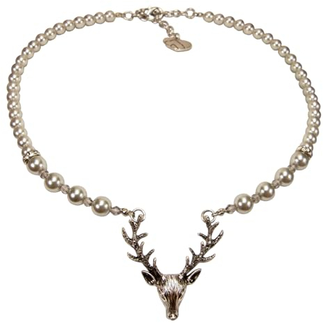 Alpenflüstern Perlen-Trachtenkette Hirsch - Damen-Trachtenschmuck mit Hirsch-Geweih, elegante Dirndlkette (silber-grau) DHK203