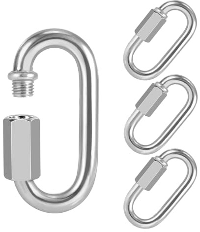 Keilend M8 Screw Carabiner D Shape Quick Link Chain Connector 4 Pack, 5/16 Inch Stainless Steel Large Carabiner Clip for Outdoor Swing Hammock Tent, Silver, Max 1520 Lbs