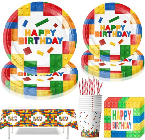 Sunshine smile 61 Stück Baustein Partygeschirr Set,Bunte Baustein Kindergeburtstag Deko,Baustein Partygeschirr für Kindergeburtstag - Teller und Becher Set für 10 Gäste - Geburtstag Deko