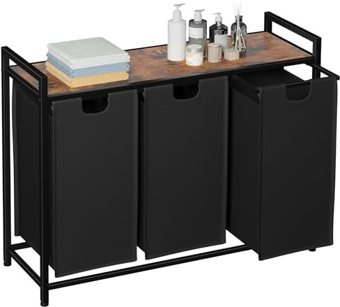 AMHANCIBLE Wäschekorb 3 Fächer, Wäschesammler mit Ablage, Wäschebox, Wäschesack aus Oxford-Gewebe ausziehbar abnehmbar, 38 L x 3, Stahlrahmen und obere Ablage, 92 x 30 x72cm, Rustic Braun EHLS03BR