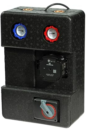SUNEX® Pumpengruppe für Heizkreis GPO S DN25 mit GRUNDFOS UPM3S Auto 25-60 Umwälzpumpe & Dreiwege-Mischventil – Heizkreisstation mit Thermometern, AG 1½″ / IG 1″, max. 90 °C, Wärmedämmung