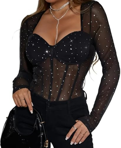 Sukiglam Body Donna Manica Lunga Sexy Scintillante Bodysuit Shapewear in Rete Trasparente Aderente Bodysuits con Scollatura a Cuore Jumpsuits Tops Elegante con Bottoni a Pressione Blusa Top Clubwear