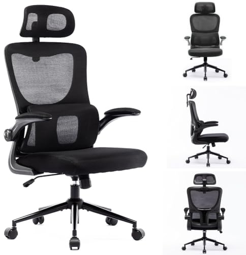 BAKAJI Sedia da Ufficio in Tessuto Ergonomica con Schienale Supporto Lombare e Poggiatesta, Poltrona da Scrivania Girevole Altezza Regolabile Rivestimento Antisudore Traspirante (Nero con Base Nera)