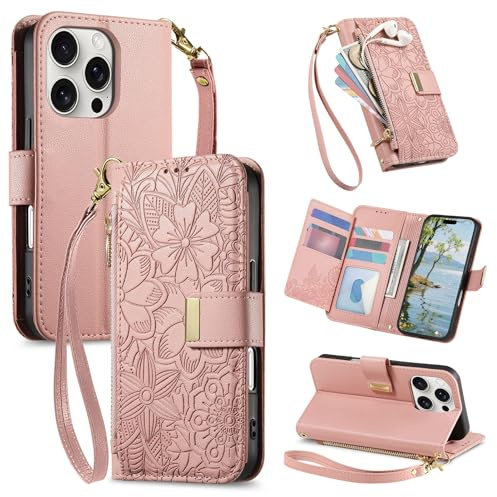 VEEMOS Phone Case for Apple iPhone 15 Pro Max Case with Zip Wallet Purse Card Holder Slot Embossed Flower Design Folding Flip Cover Leather Stand Lanyard Wrist Strap Women - Pink
