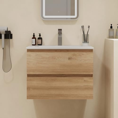 Waschbecken mit Unterschrank 60 cm breit, Waschbeckenunterschrank, Badmöbel Set für Bad & Gäste WC mit 2 Soft-Close Schubladen, Hängender Waschtisch mit Keramikwaschbecken, Holzoptik, Oak-Optik