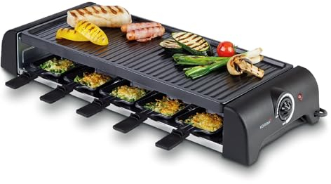 Korona 45060 Raclette para 10 personas | Raclette XXL con 10 cacerolas y espátulas | Con placa grill con revestimiento antiadherente | Cable largo de 1,2 m | 1500 vatios