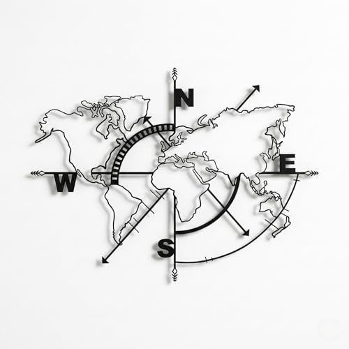 DEKADRON Metall Weltkarte Wandkunst Kompass, Weltkarte ohne Grenzen, Metall Wanddekoration, Metallschild, Wandbehänge (117 x 91 cm)