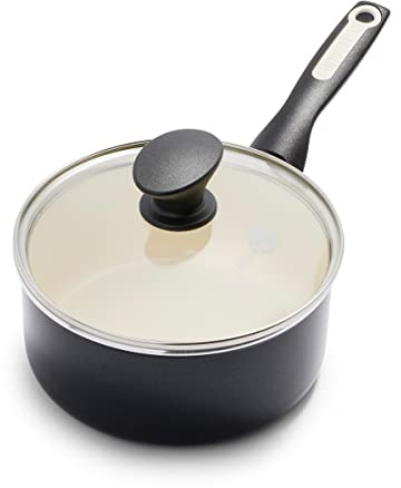 GreenPan CC002638-001 Rio Healthy Ceramic Nonstick, Saucepan with Lid, 2QT, Black